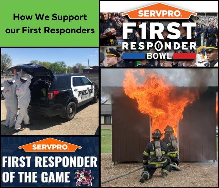 A collage showing images of SERVPRO techs cleaning a police car, firefighters helping with a burn, and program logos
